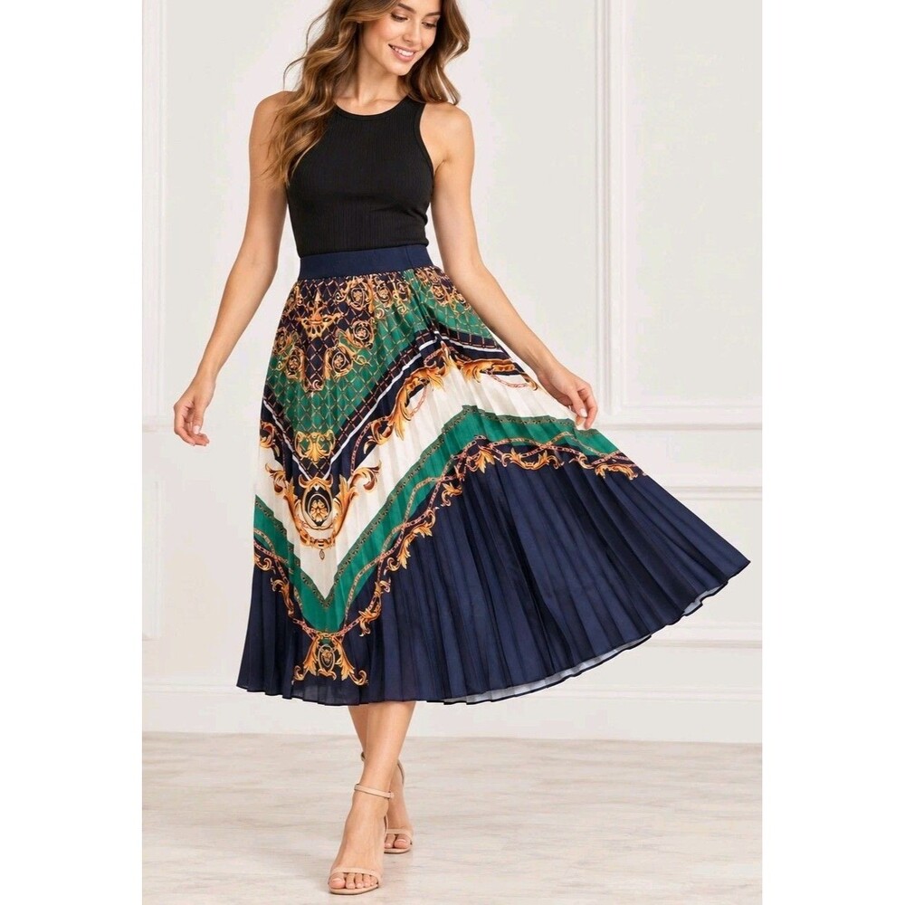 Metrowear Pleated Midi Skirt Women S Navy Green Gold Baroque Scarf Print Lined